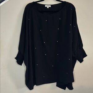 Oddy 1XL Black Rhinestone Studded Dolman Sleeve Oversized Top